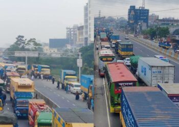 মেঘনা সেতুতে উঠার সময় ট্রাক উল্টে দীর্ঘ যানজট